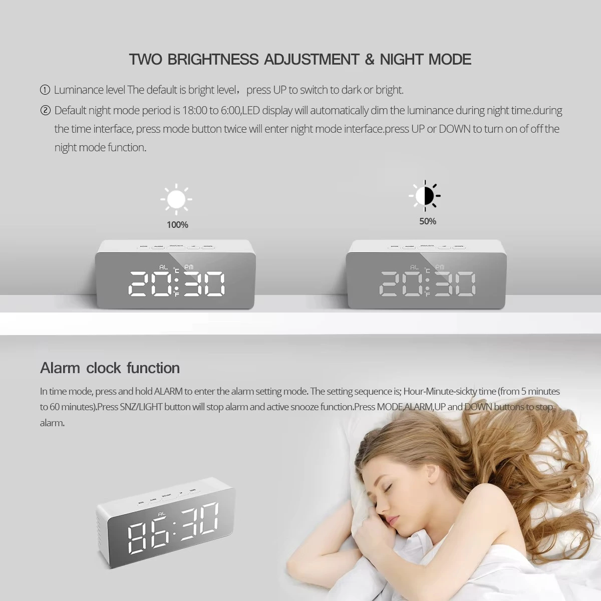 Digital LED Mirror Alarm Clock with Snooze, Temperature & Date Display – USB & Battery Operated_biyog.com